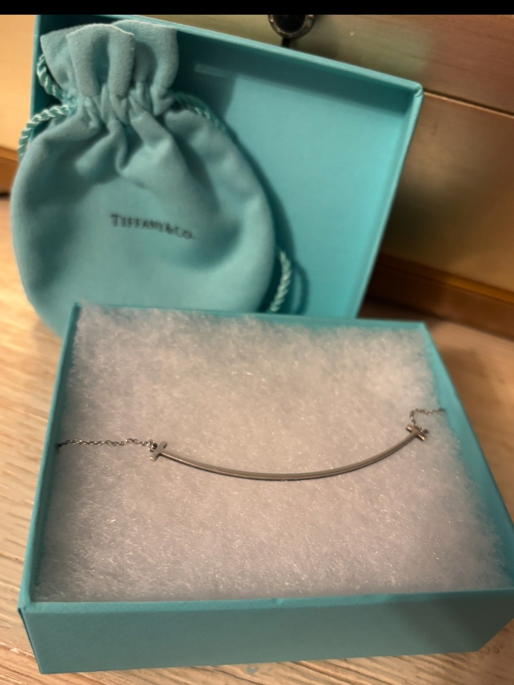 Tiffany & Co. Sterling Silver Curved Bar Necklace in Robin's Egg Blue Packaging